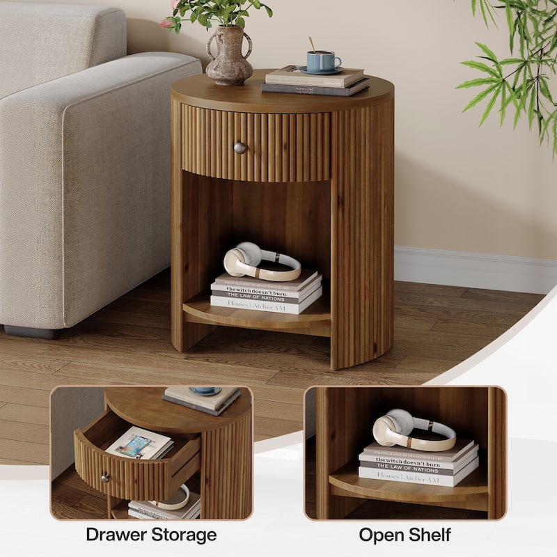 2-Tier Round End Table with Drawer, No Assembly Required, Wooden Beside Table, Circle Nightstand for Bedroom, Living Room