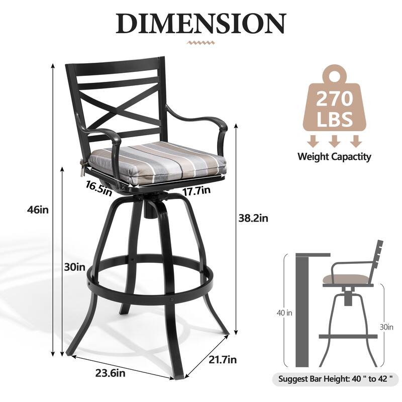 Outdoor Indoor Patio Bar Stools Aluminum Swivel Bar Chair with Sunbrella Cushion