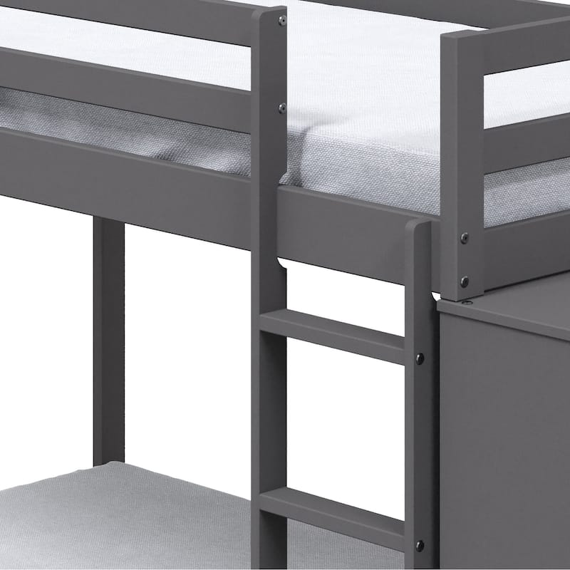 Twin over Twin Pine Frame Bunk Bed with Storage and 4 Drawers and 3 Open Compartments