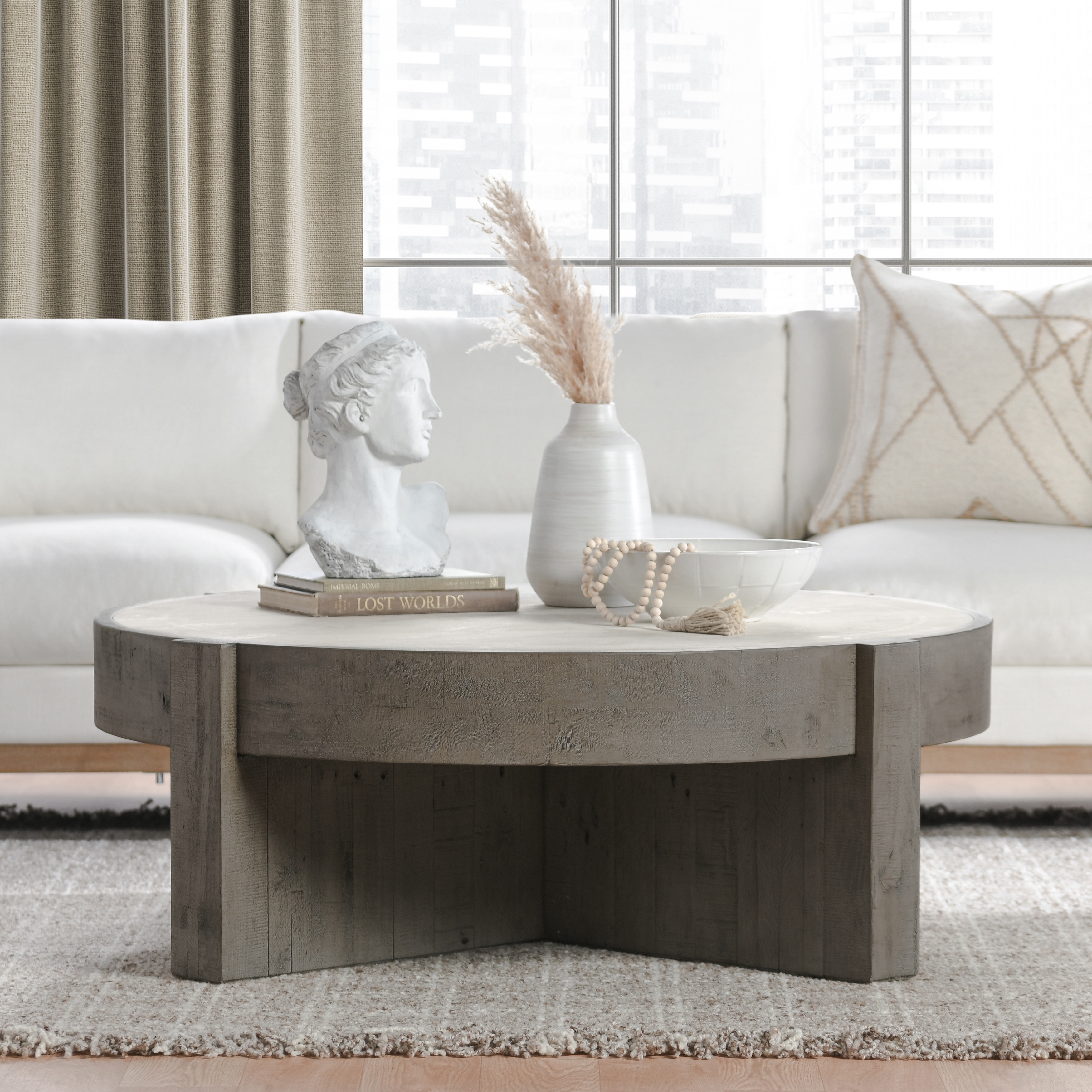 Classic Home Sonoma 52" Round Reclaimed Pine Coffee Table in Distressed Gray