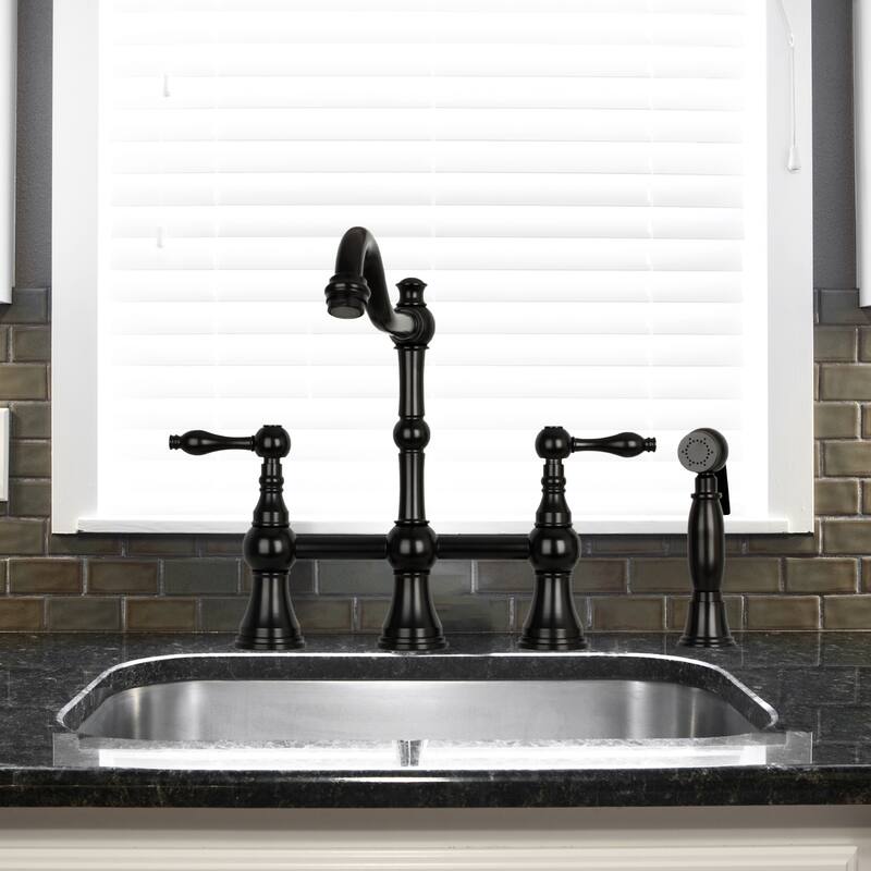 Two-Handles Bridge Kitchen Faucet with Side Sprayer 8-3/8 Inch High Arc