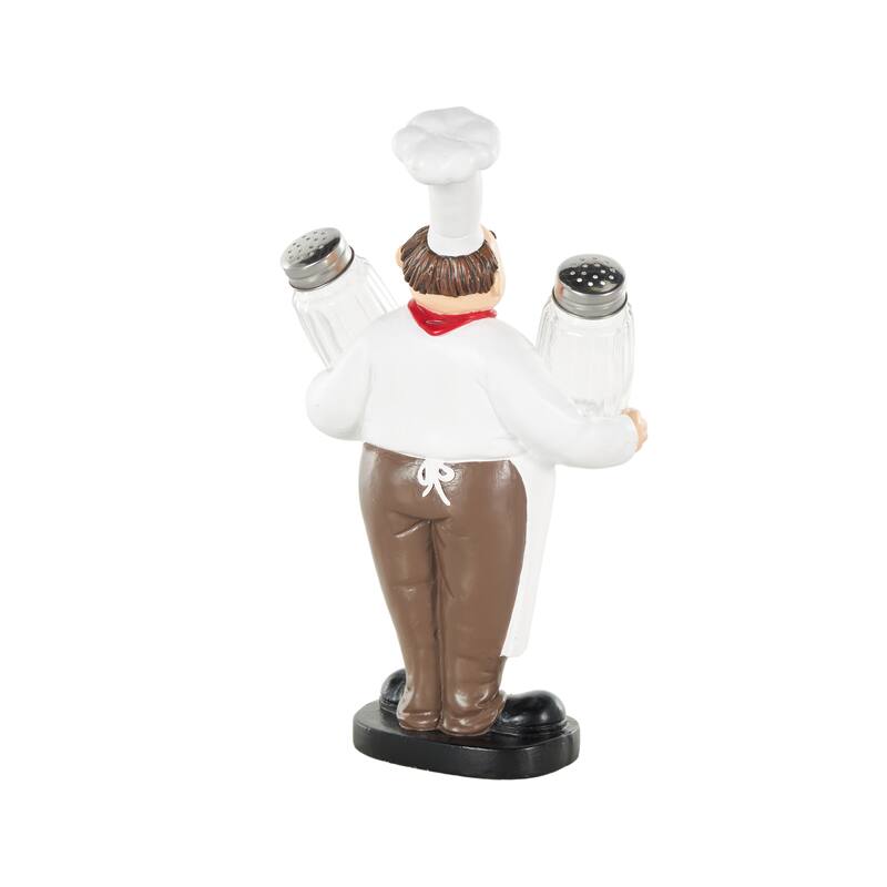 White Polystone Kitchen Decorative Figurine Chef Salt and Pepper Shaker Holder with Red Accents