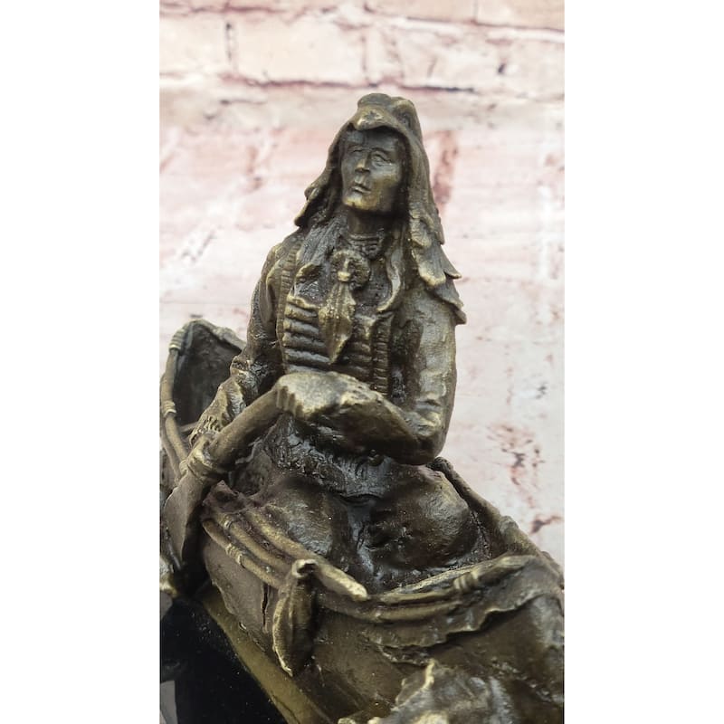 Native American Indian Man In Canoe Bronze Statue Sculpture Figure 7 Inches X 10 Inches