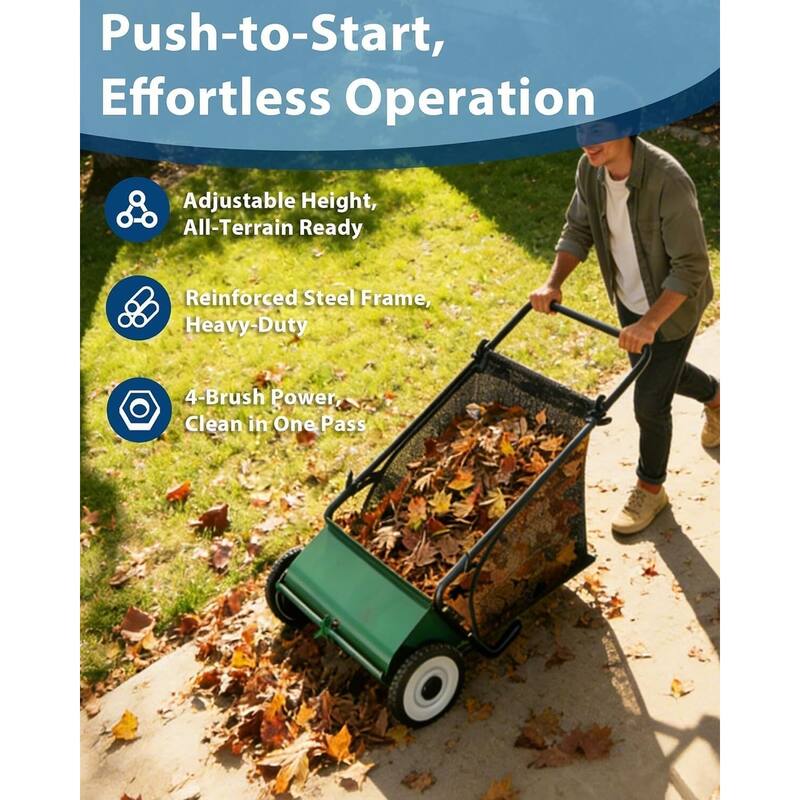 21-Inch Push Lawn Sweeper 35 cu. ft. Capacity Adjustable Height for Grass Leaves and Debris