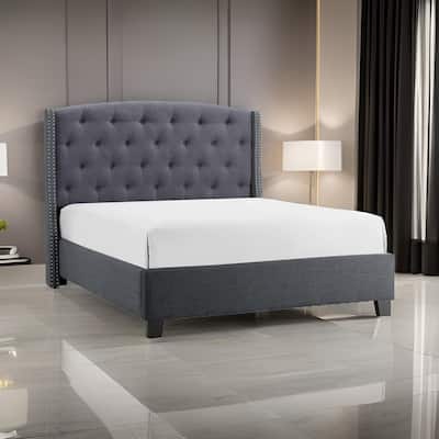 Elle Queen Size Bed, Low Profile, Gray Button Tufted Upholstered Headboard