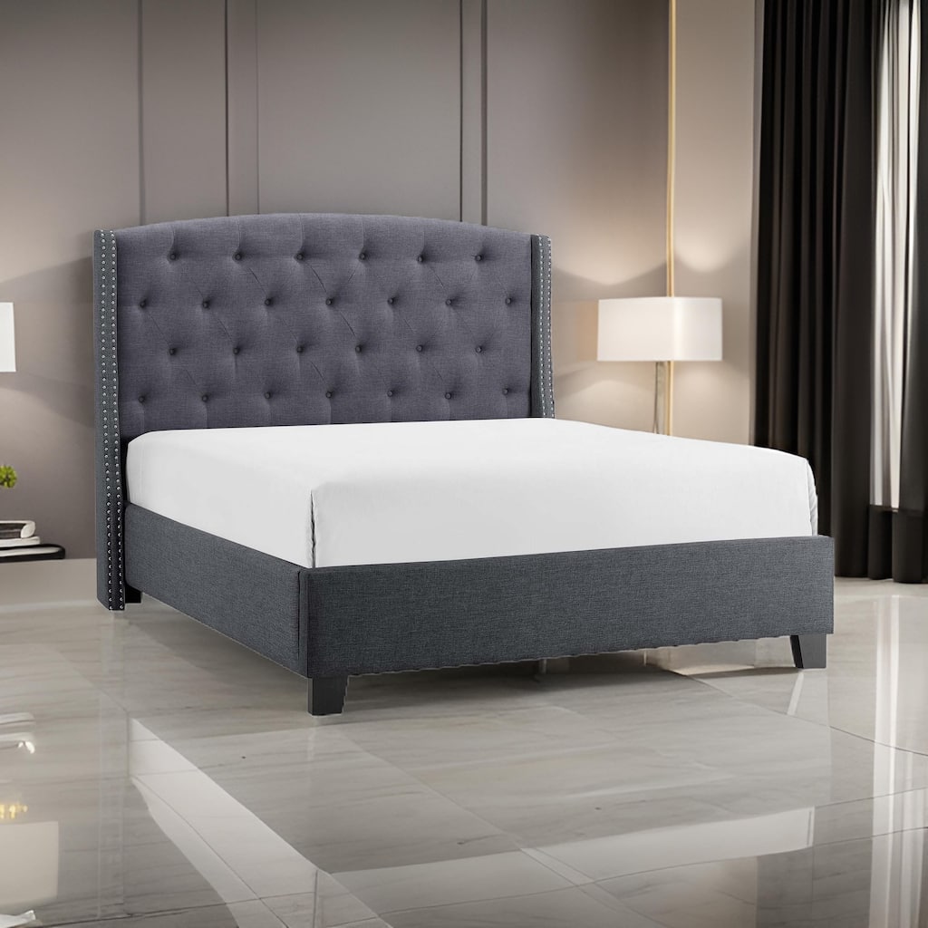 Elle Queen Size Bed, Low Profile, Gray Button Tufted Upholstered Headboard