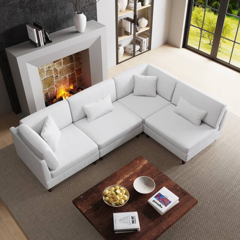 4-Piece Modern Corduroy Modular Sectional Sofa with pillows For Living Room - Beige