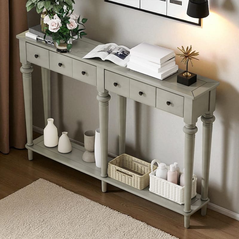 59.8" Rustic Entryway Console Table with 4 Drawers and Open Shelf, Retro Pine Veneer Hallway Accent Table