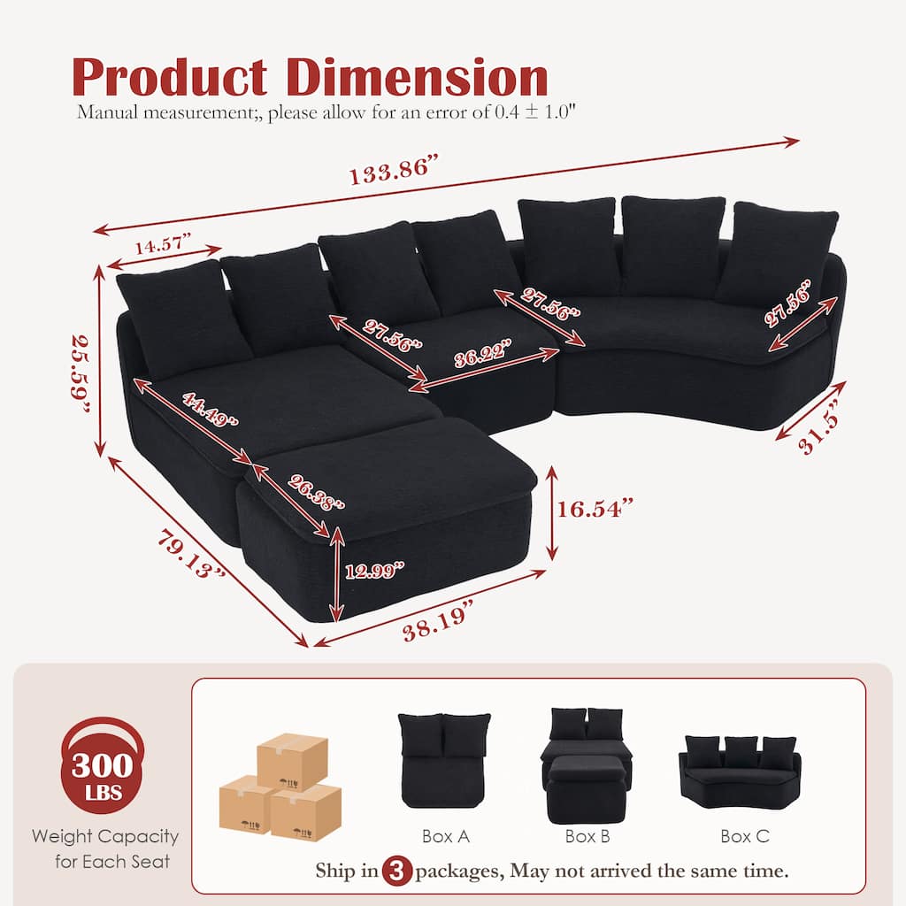 U-Shaped Modular Sectional Sofa with Ottoman, Woodgrain Chenille Deep Seat Boneless Couch, Compression Sofa with Pillows