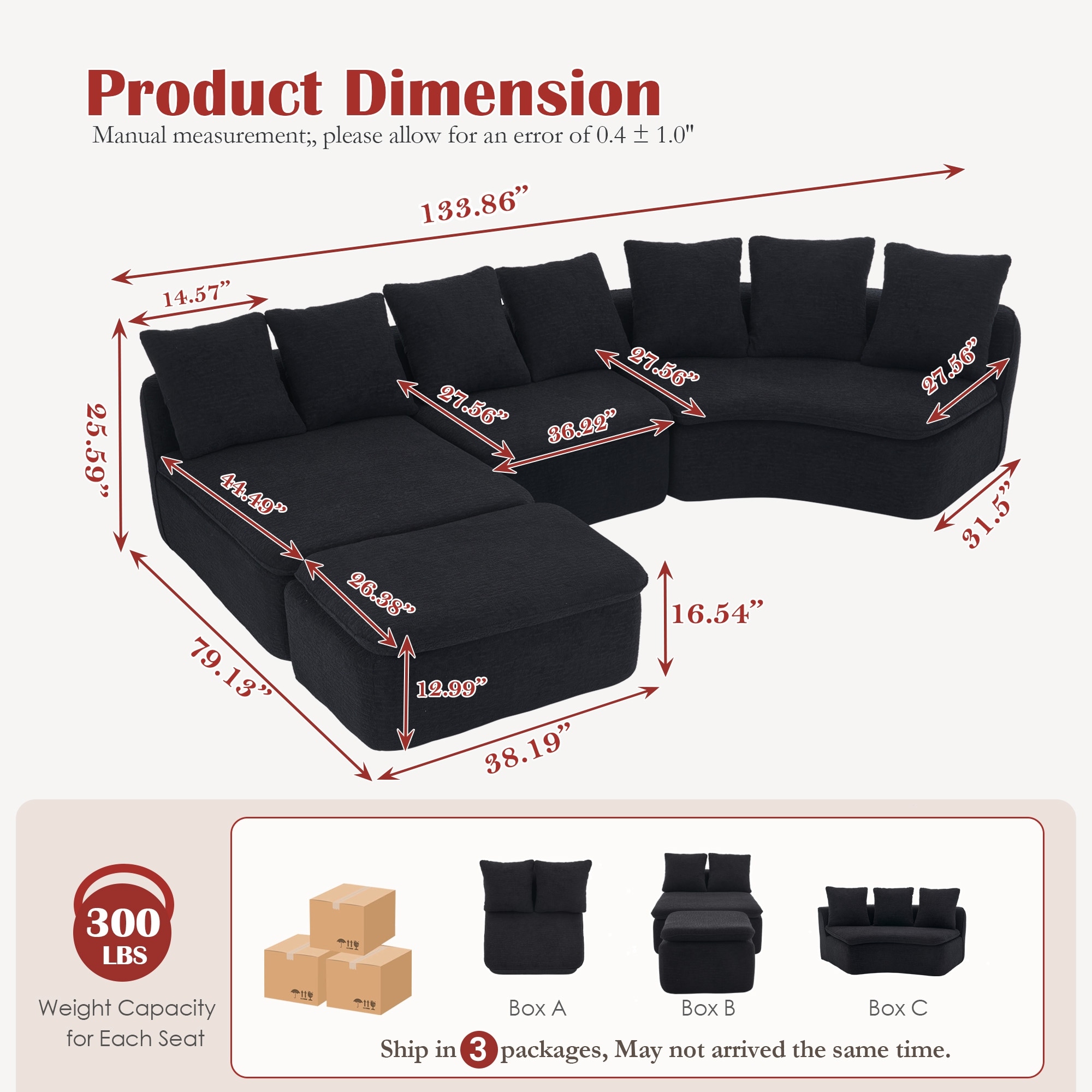 U-Shaped Modular Sectional Sofa with Ottoman, Woodgrain Chenille Deep Seat Boneless Couch, Compression Sofa with Pillows