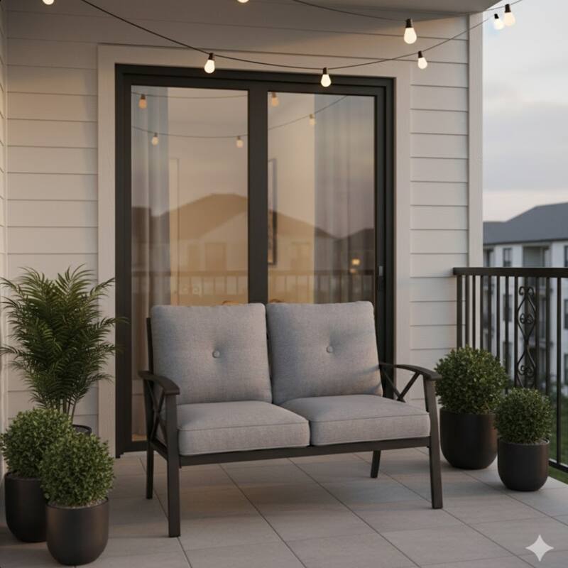 48" Metal Loveseat 2 Seats Couch Sofa, Khaki Frame with Gray Cushions