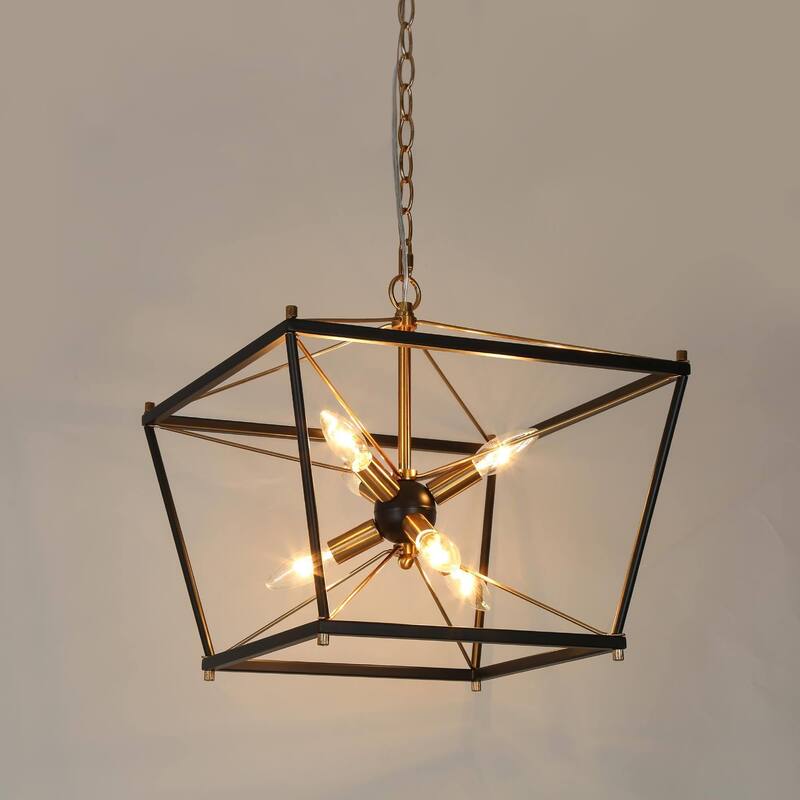 Modern Farmhouse 6-Light Black Gold Cage Chandeliers Sputnik Pendant Light for Dining Room - L15.5" x W15.5" x H15.5"