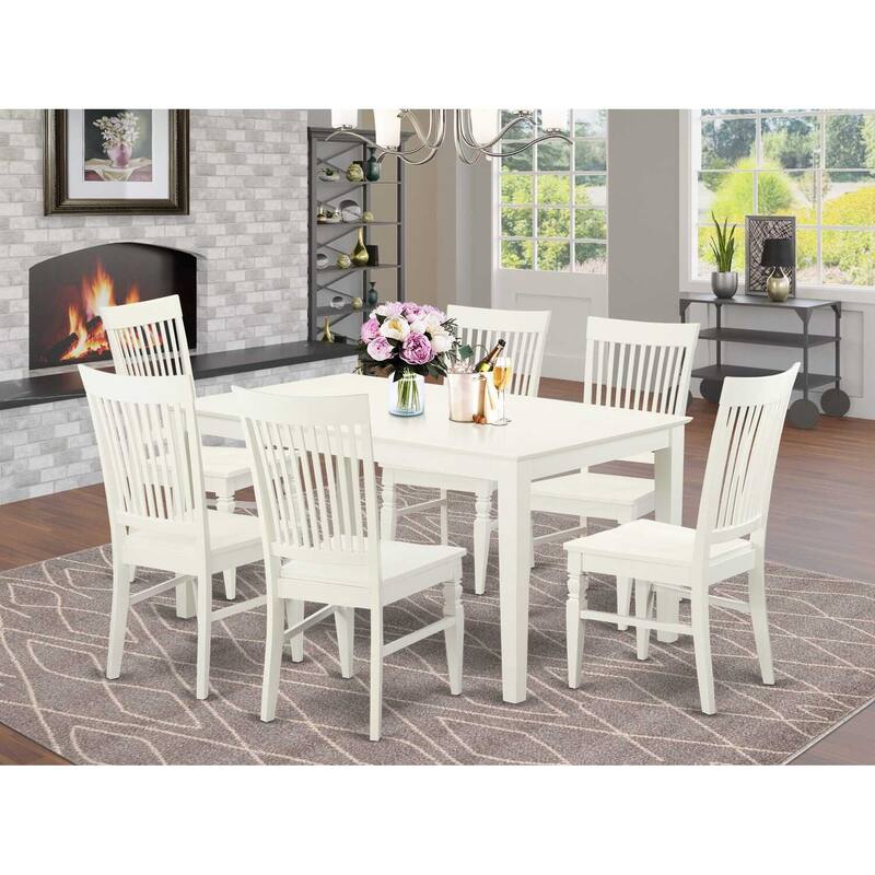 HomeStock 7-Piece Linen White Finish Solid Wood Top Dining Table with 6 Chairs with Lattice Back