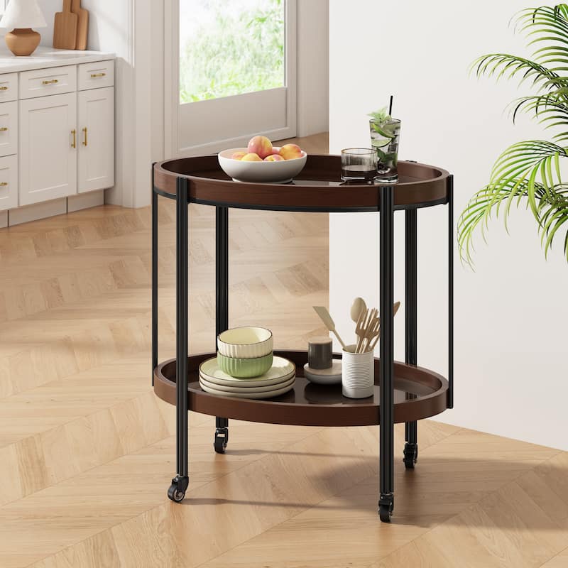 Christopher Knight Home - Leontius Wooden Iron Bar Cart with Tempered Glass Shelves and Smooth Mobility - Dark Walnut