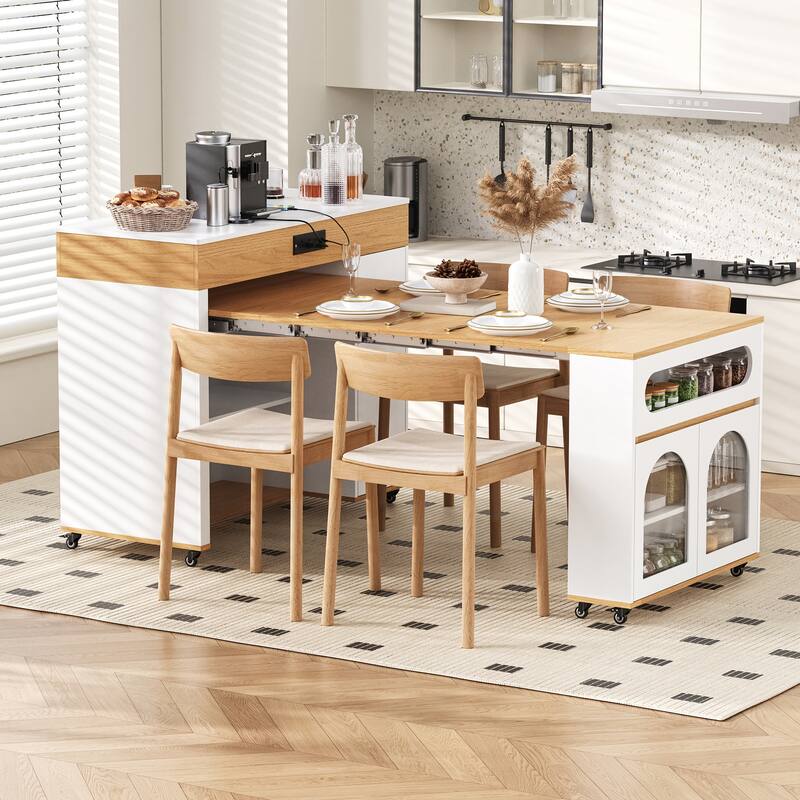 Rolling Kitchen Island with Extendable Table, Drawers, Power Outlet and Brake lock, Storage Cabinet