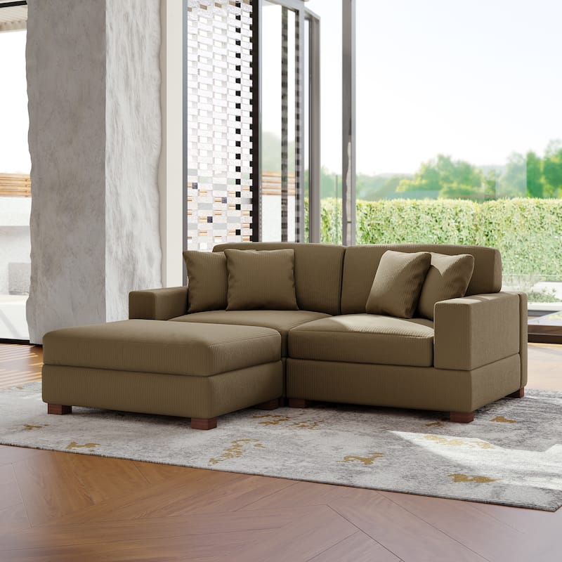 Modular Corduroy Sectional Sofa Set Chaise Couch with Ottoman - Camel-3 Piece