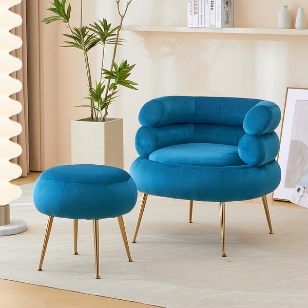 Modern Velve Upholstered Armchair with Footstool and Metal Legs Bed