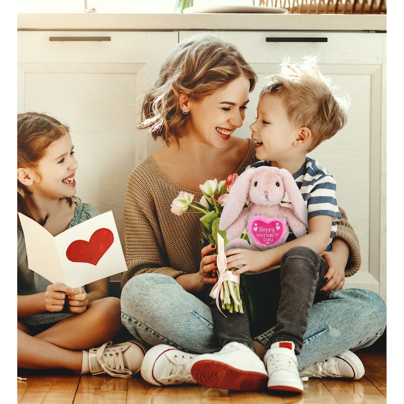 DolliBu Mother’s Day Super Soft Plush Baby Pink Rabbit With Pink Heart - 8 inches