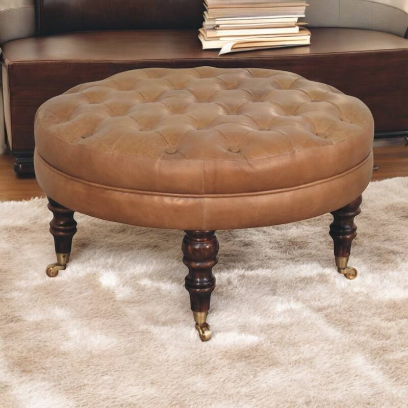 Artisan Furniture Solid Wood Brown Buffalo Leather Round Ottoman with Castor Legs