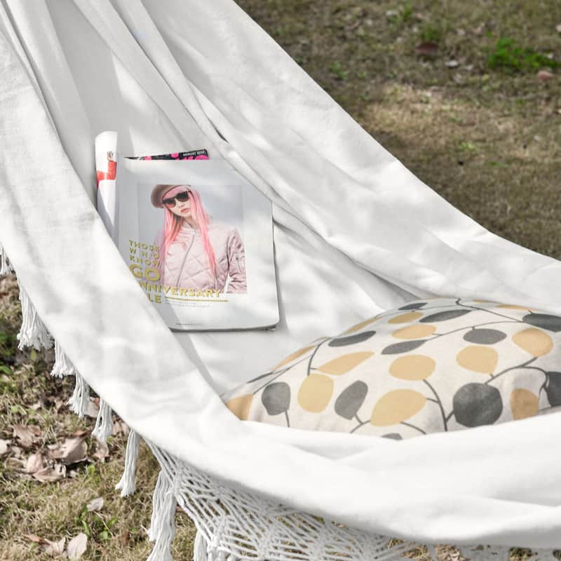 Outsunny Brazilian Style Hammock Extra Large Cotton Hanging Camping Bed with Carrying Bag, for Patio Backyard Poolside, White