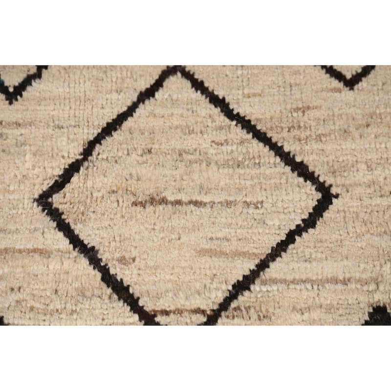 Geometric Moroccan Oriental Rug Hand-Knotted Beige Wool Carpet - 6'7" x 9'11"