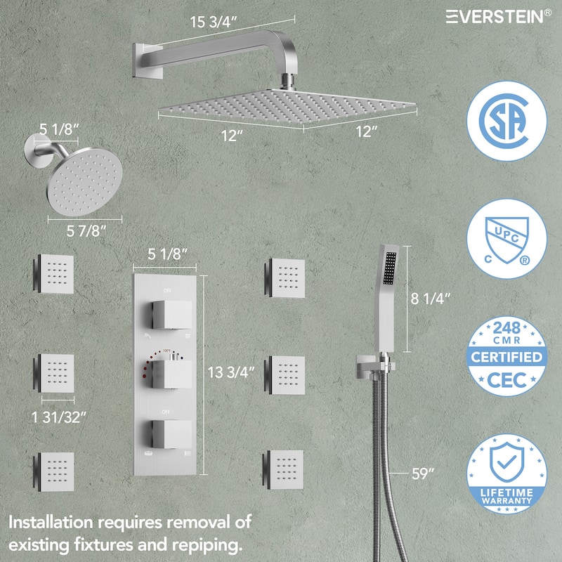Thermostatic Dual Shower System 12" and 6" Rainfall Shower Head with 6 Body Jets & Handheld Shower