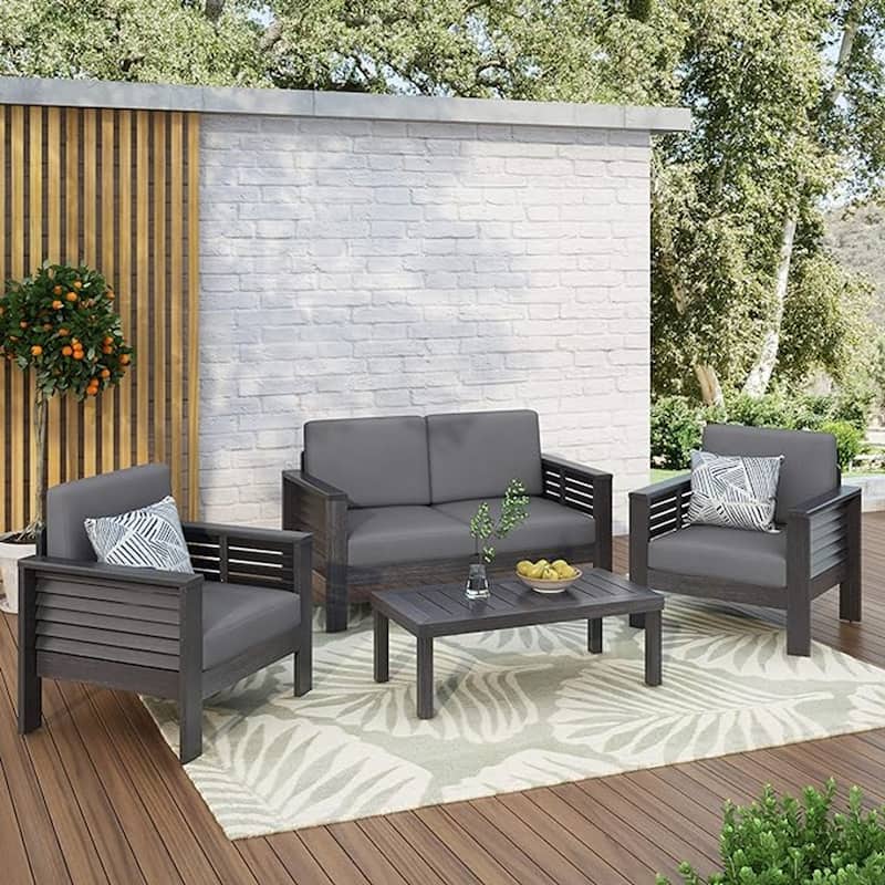 Roomfitters Outdoor Acacia Wood Loveseat and Coffee Table Set, Cream Cushions, Teak Finish, Ideal for Patio, Garden, or Porch