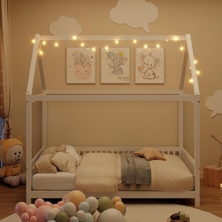 White Full House Bed with Guardrail & LED - Charming & Secure Design