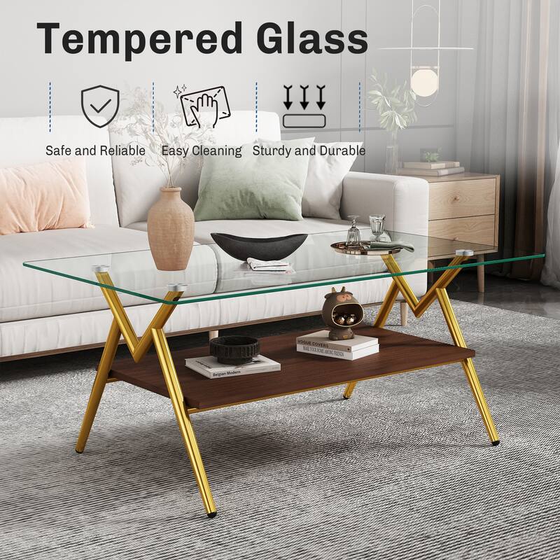 Rectangle Coffee Table with Tempered Glass Top and Shelf
