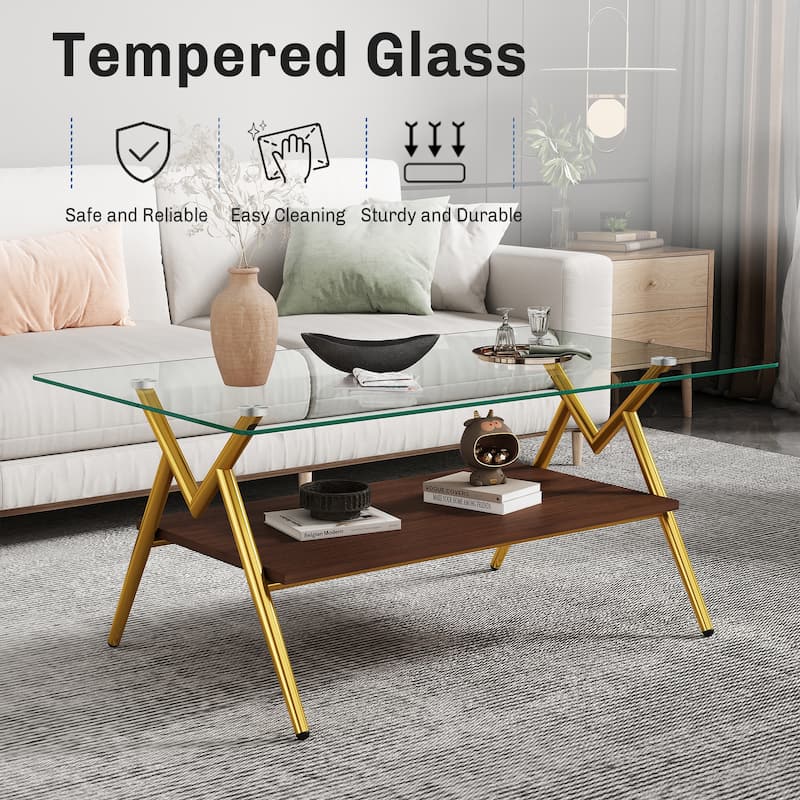 Rectangle Coffee Table with Tempered Glass top and Metal Legs, Modern Table for Living Room , Transparent Glass