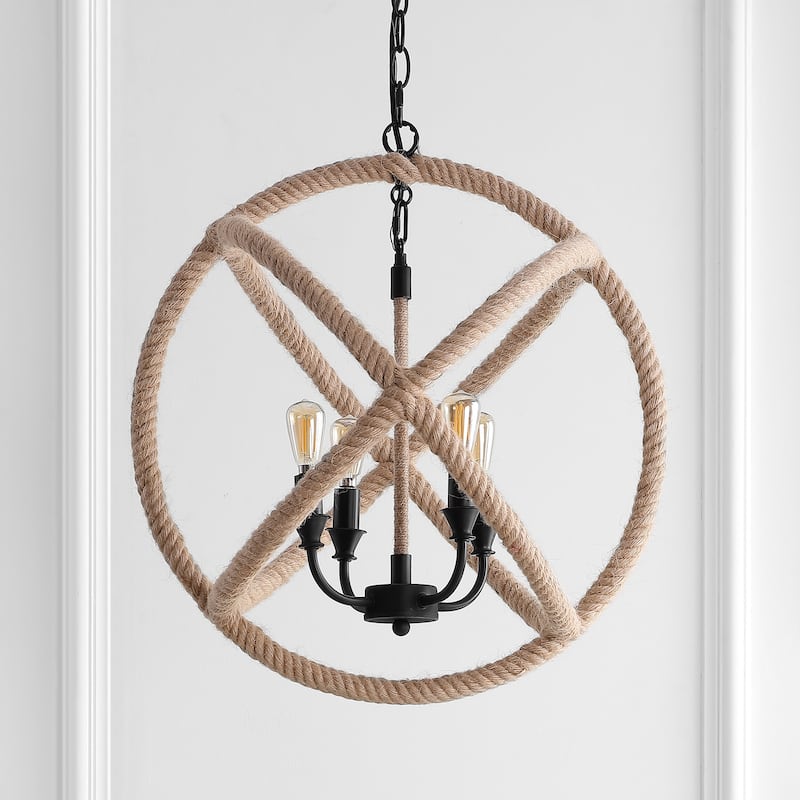 Isabelle 4-Light 20" Adjustable Globe Metal/Rope LED Pendant, Black/Brown by JONATHAN Y