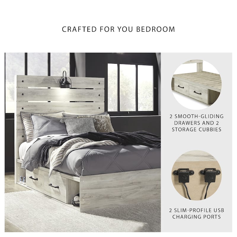 Cambeck Whitewash Panel Bed With 2 Under Bed Storage Drawers