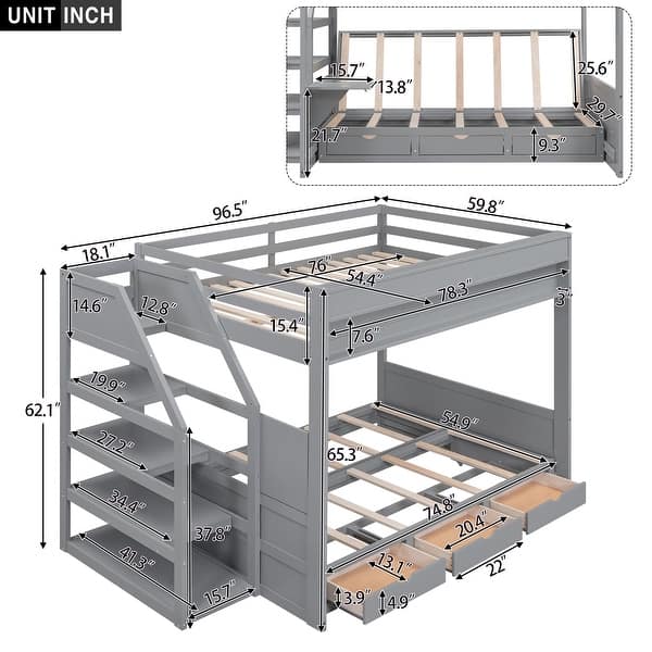 Gray Full Futon Bunk Beds with Staircase and Bedside Table Can be Swapped Left Right, Lower Bed Convertible Daybed with Drawers