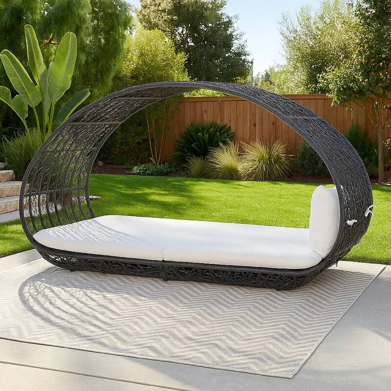 Outdoor Canopy Daybed, Gray Faux Rattan Frame with Off White Cushions