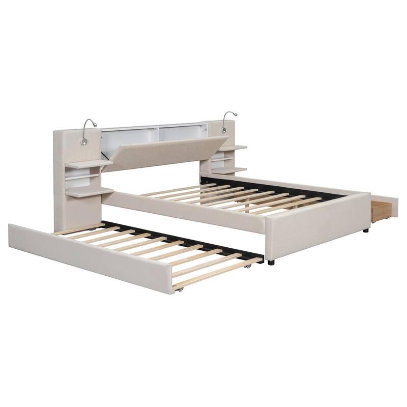 Queen Size Upholstered Platform Bed with Drawers Trundle and Shelves