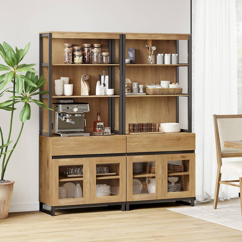 2 PCS Modern 72" Tall Bookcase with 2 Drawers and Open Book Shelfs for Home Office, Living room.