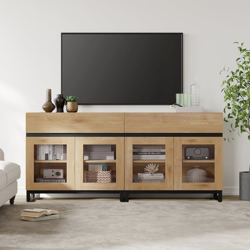 WAMPAT Modern TV Stand with Glass Doors for 110 inch TVs, Entertainment Center Console with 3 Drawers and Metal Base
