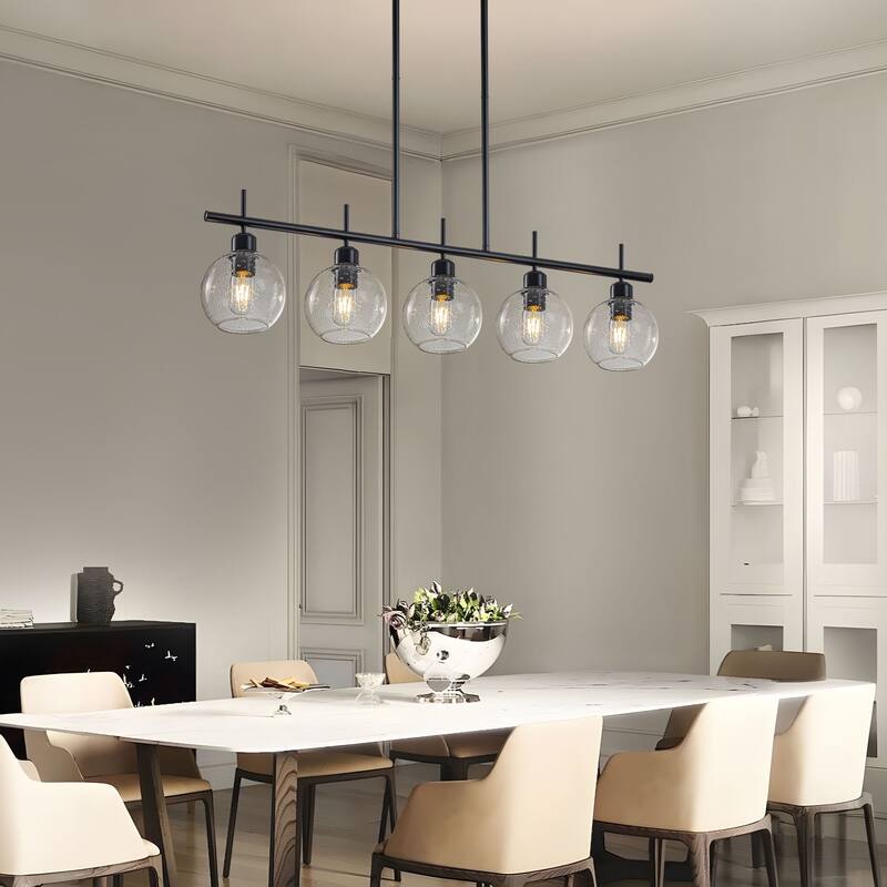 Starsky 5-Light Modern Linear Kitchen Island Pendant with Seeded Glass Globes, Adjustable Height, Black or Gold