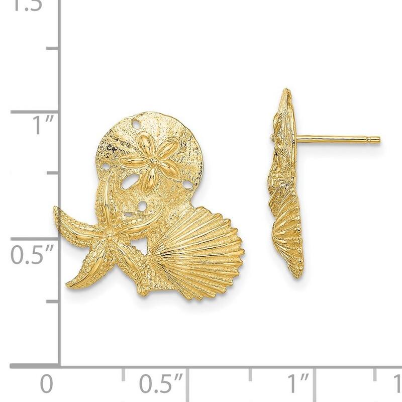 Curata 14k Yellow Gold Sand Dollar Starfish And Scallop Cluster Post Earrings 18.45x19.6mm
