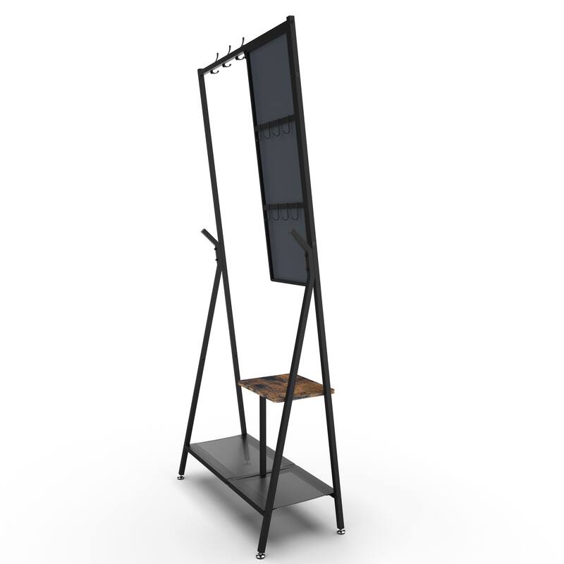 Industrial-Style Foyer Coat Rack with Shoe Cabinet Mirror, Aluminum Frame, for Living Room and Bedroom