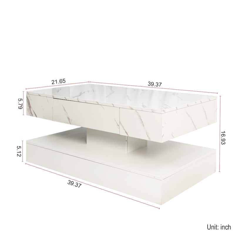 High-Glossy LED Coffee Table with 2 Drawers, Living Room Storage Tables with Marbling Print, Stylish Double-Layer Center Tables