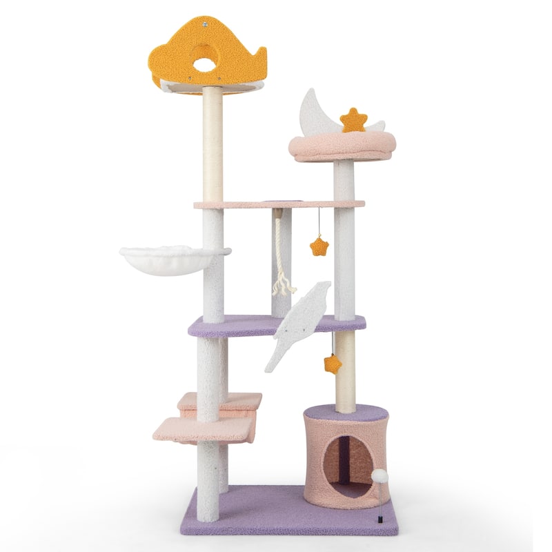 66 Inch Tall Cute Cat Tower with Sisal Covered Scratching Posts - 27" x 19" x 66"