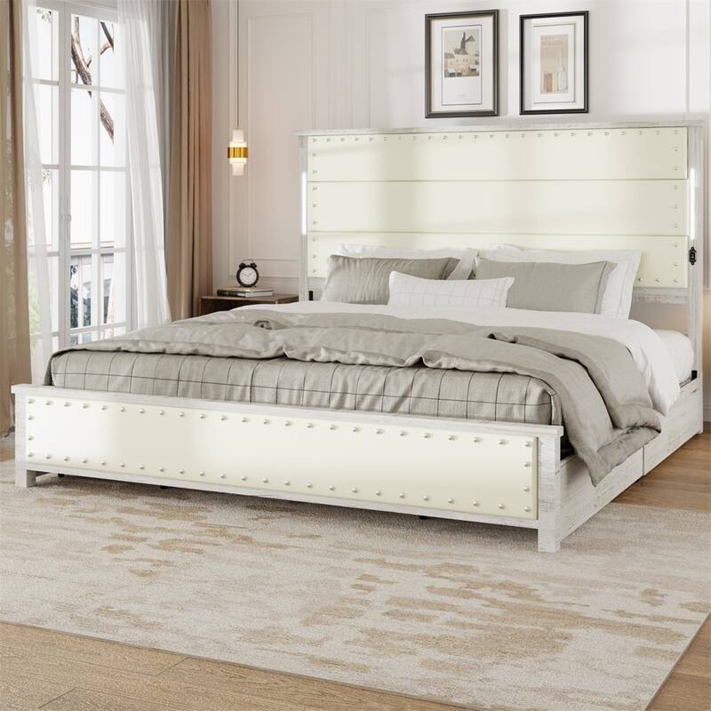 King Size LED Platform Bed with Charging Station and 4 Storage Drawers