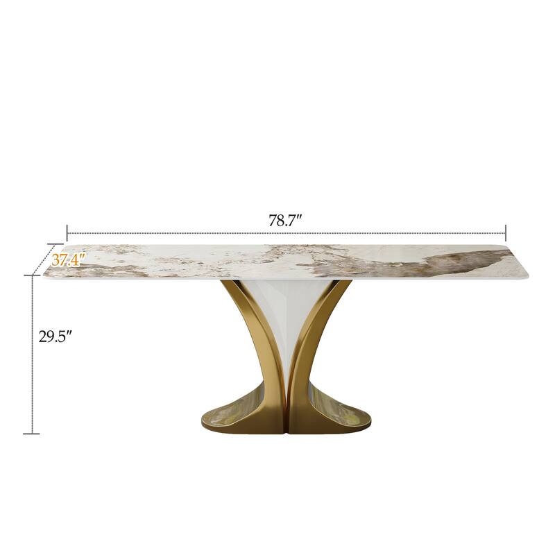 Modern Faux Marble Dining Table with Gold Stainless Steel V-Legs Rectangle 78 in.