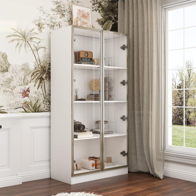 63"Hx31.5"W Lighted Display Cabinet with Glass Doors Bookshelf Buffet