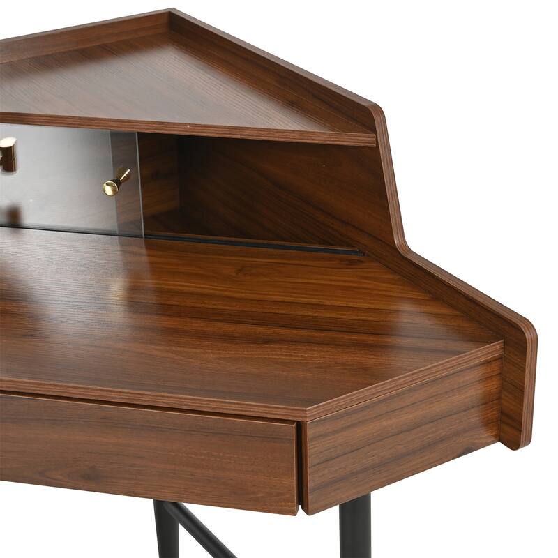 Small Space Corner Vanity Desk with LED Mirror and Adjustable Lights