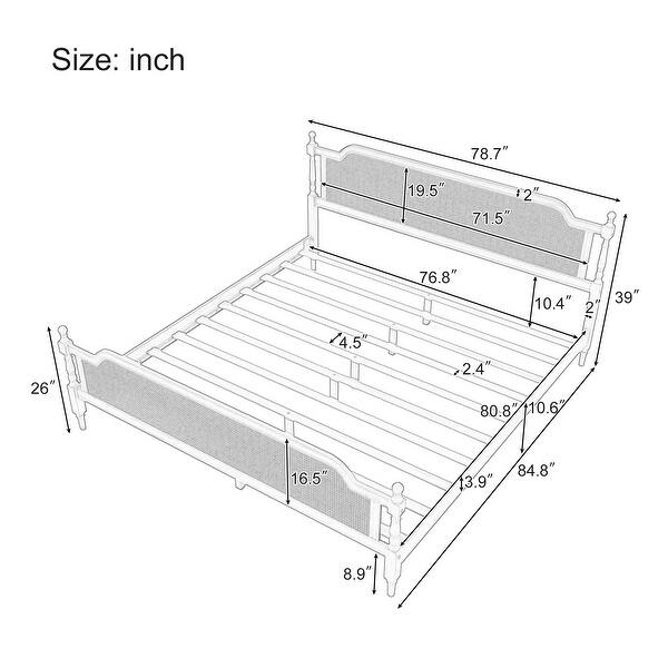 King Size Platform Bed Frame with Rattan Headboard