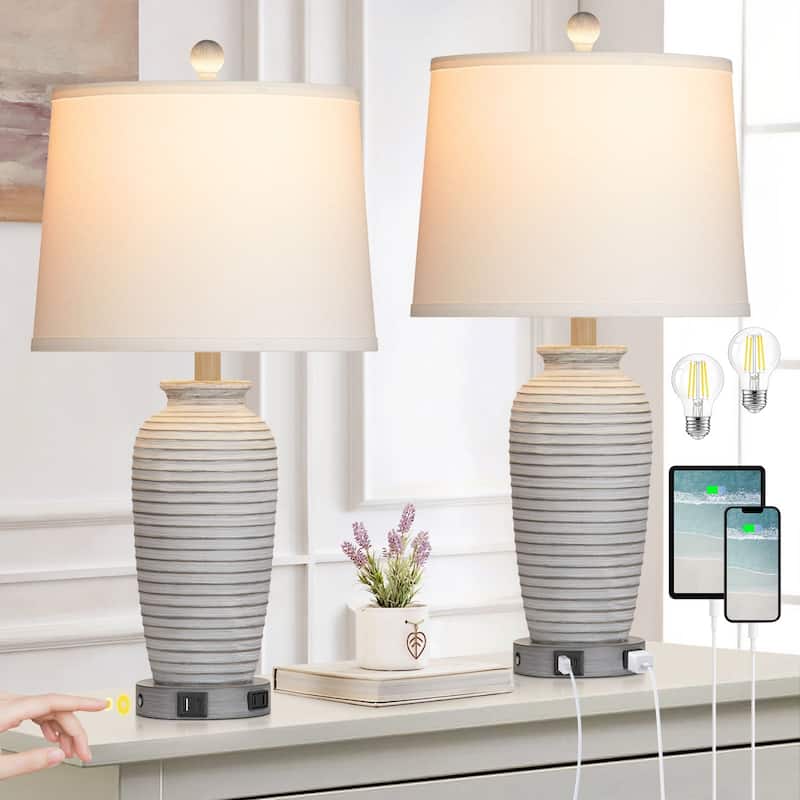 Set of 2 White Resin Table Lamps with 3-Way Dimmable Touch Control, USB/Type-C Ports, and AC Outlet - 13'' X 13'' X 25''