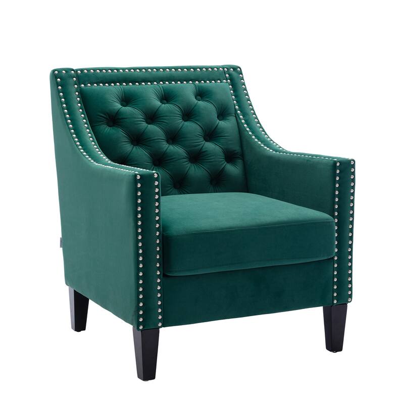 Velvet Accent Armchair with Nailhead Trim and Solid Wood Legs, Black