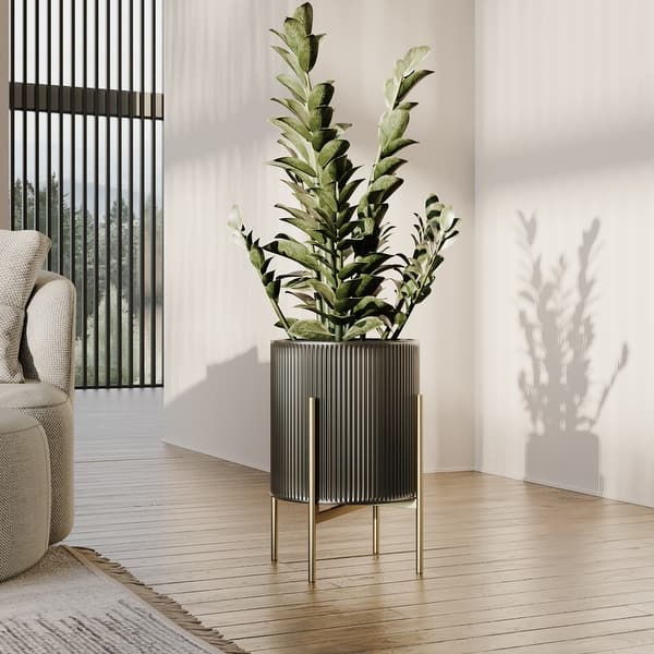 Everett Black Mid-Century Modern Indoor Metal Pot Planter with 4-Leg Metal Base - 14.75" H x 11.75" W - Gold